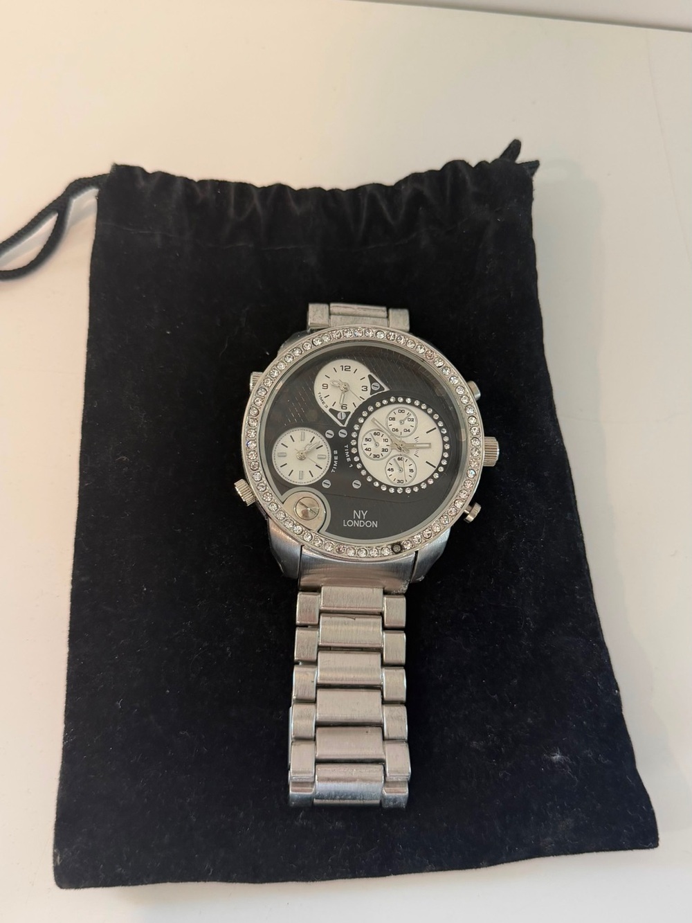 NY London Men's Multi-Dial Watch Silver Tone Rhinestone Bezel Metal Band